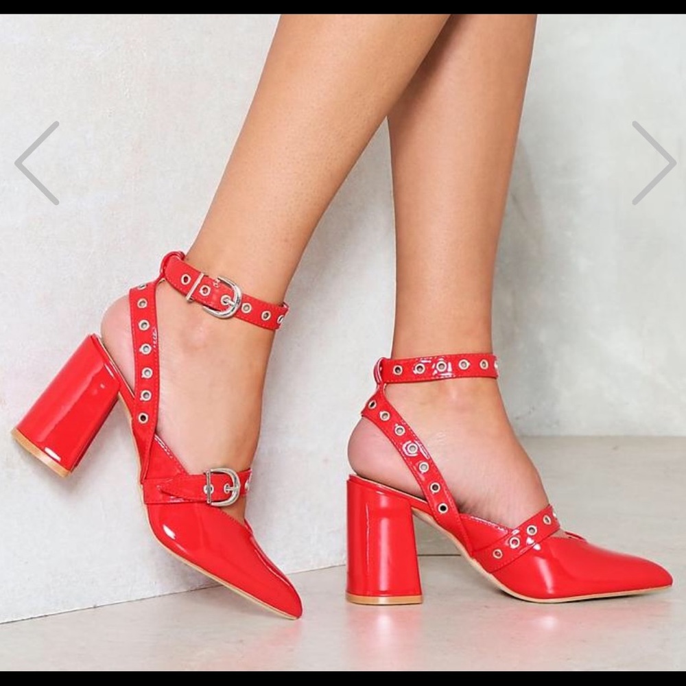 Nastygal red strappy grommet block heel